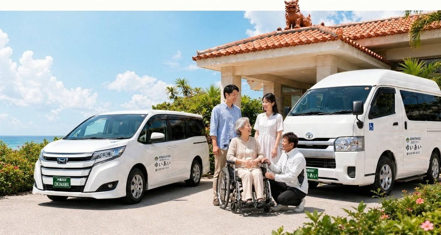 介護タクシーゆいあいのノアとハイエース、車いす利用者と家族、介護スタッフが沖縄らしい施設前で談笑しているイメージ