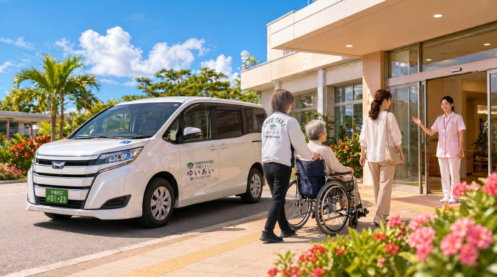 介護タクシーで病院へ到着し、車いす利用者をスタッフがエントランスへ案内しているイメージ