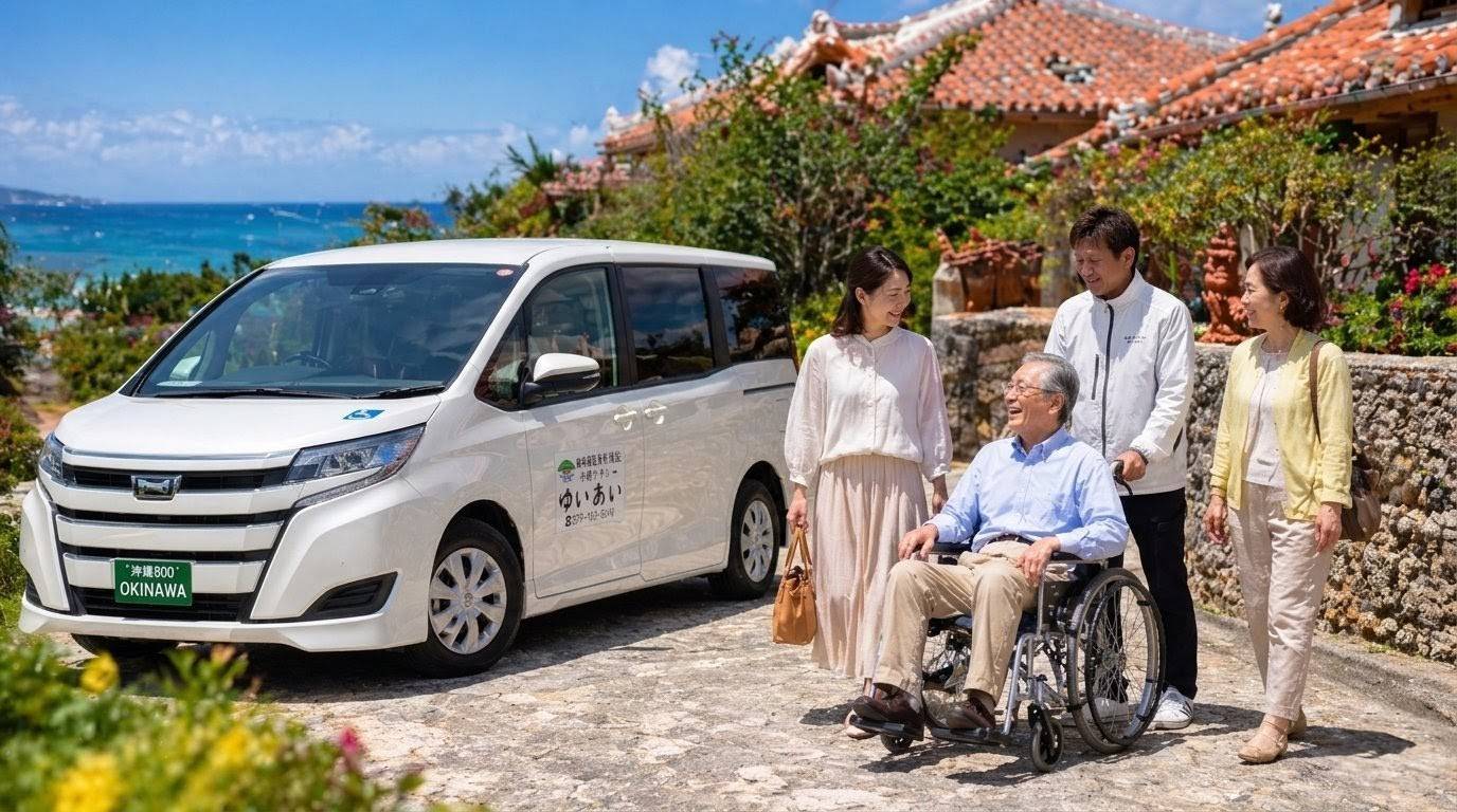 介護タクシーを利用して沖縄観光を楽しむ車いす利用者と家族、介護スタッフのイメージ