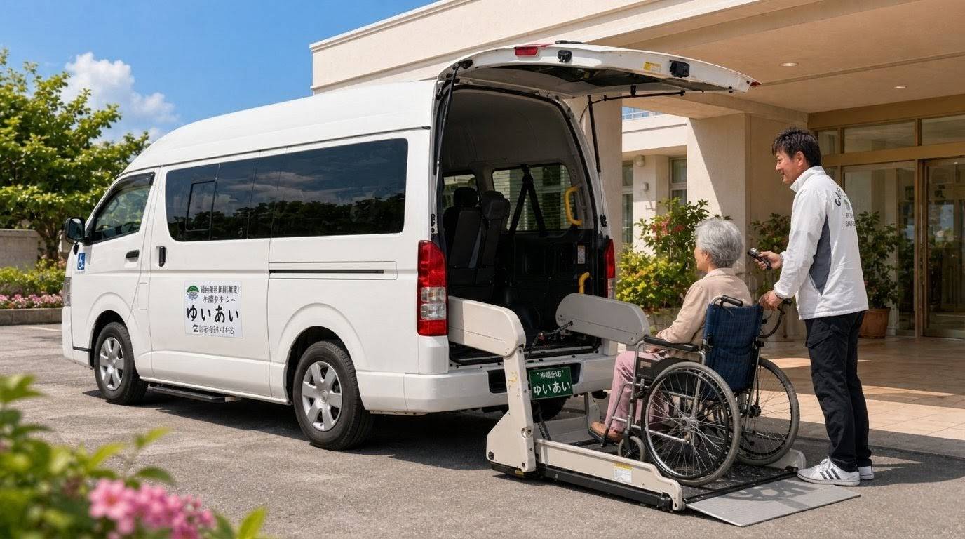 介護タクシーのハイエース車両で、車いす利用者の乗降をスタッフがサポートしているイメージ